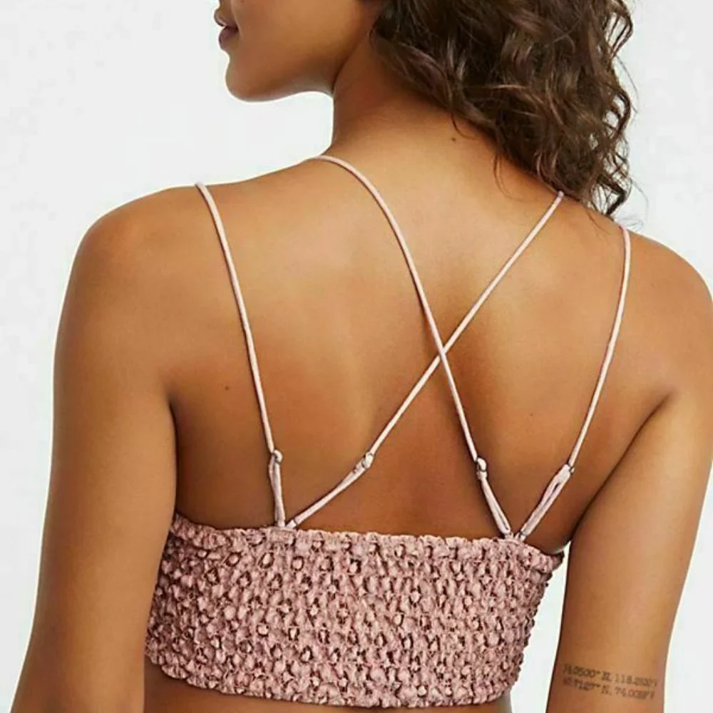 Free People Fp One Adella Bralette Lace Criss Cross Smocked Rose Bra Top L